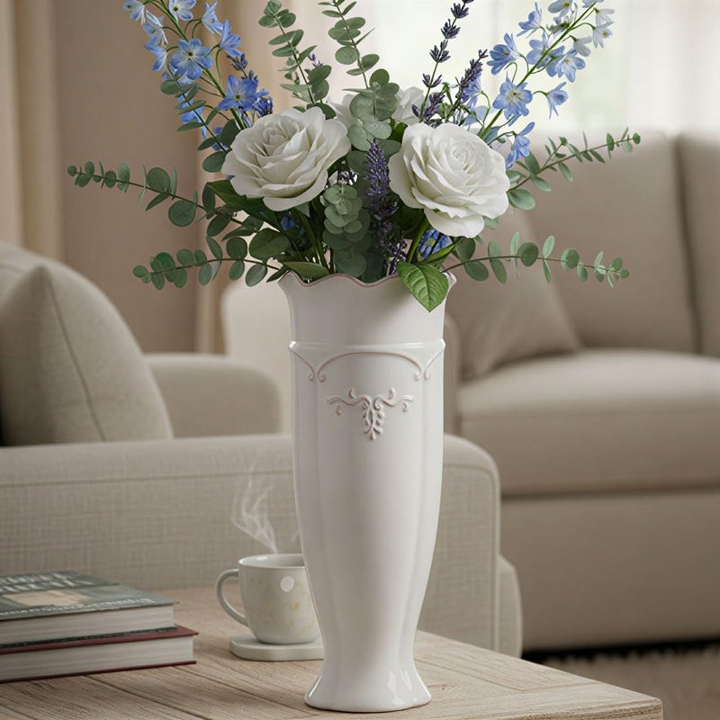 hjn White Ceramic Vase- French Flower Vase for Decor Tall Vintage Vases for Flowers/Home Decoration/Kitchen/Table/Living Room/Shelf/Mantel/Office-Height-11.6" - Image 3